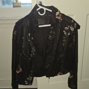Blank NYC Black Faux Leather Moto Jacket with Floral Embroidery
